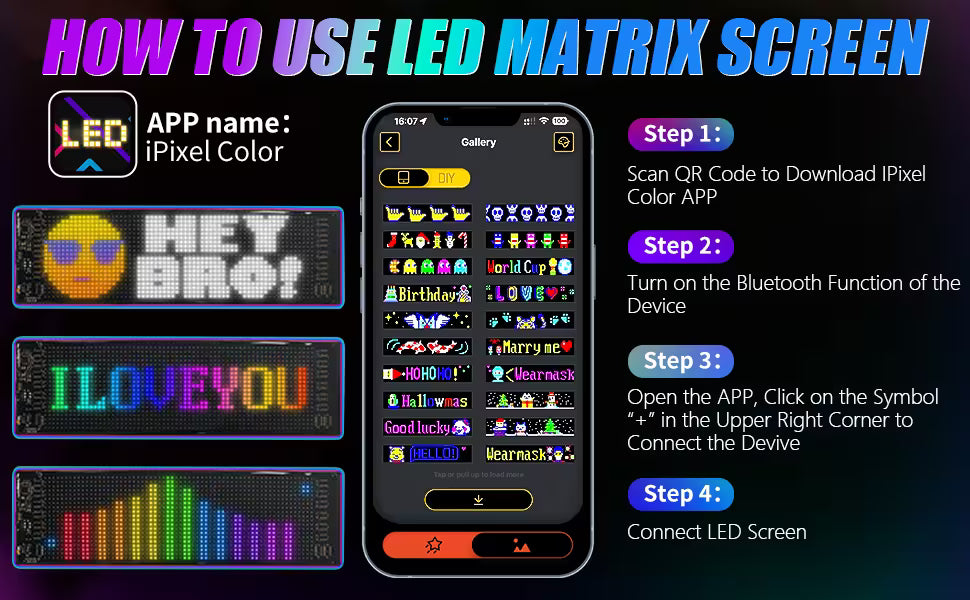 Miootly RGB Led Matrix Pixel Panel 16*64 LEDS Functional view